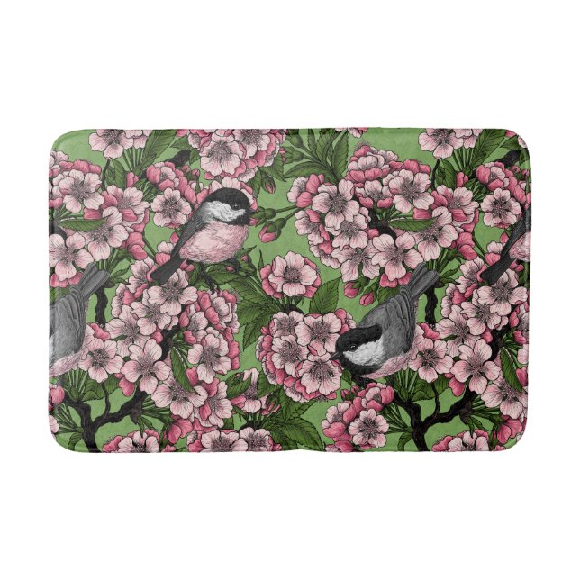 Tapete De Banheiro Flor de cereja e galinhas em verde (Frente)