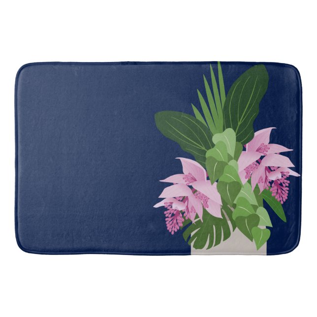 Tapete De Banheiro Flor Rosa-Rosa-Medinilla Tropical Vase de Azul-Esc (Frente)