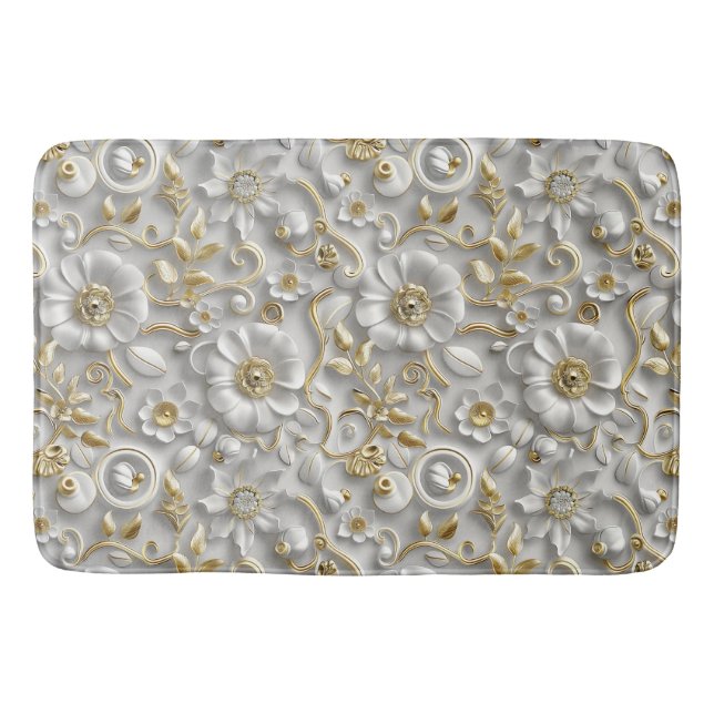 Tapete De Banheiro Flora 3D Decorativa Dourada Branca Floral (Frente)
