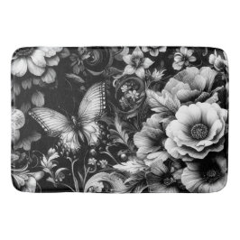 Tapete De Banheiro Floral Antiquado Monocromático com Borboletas