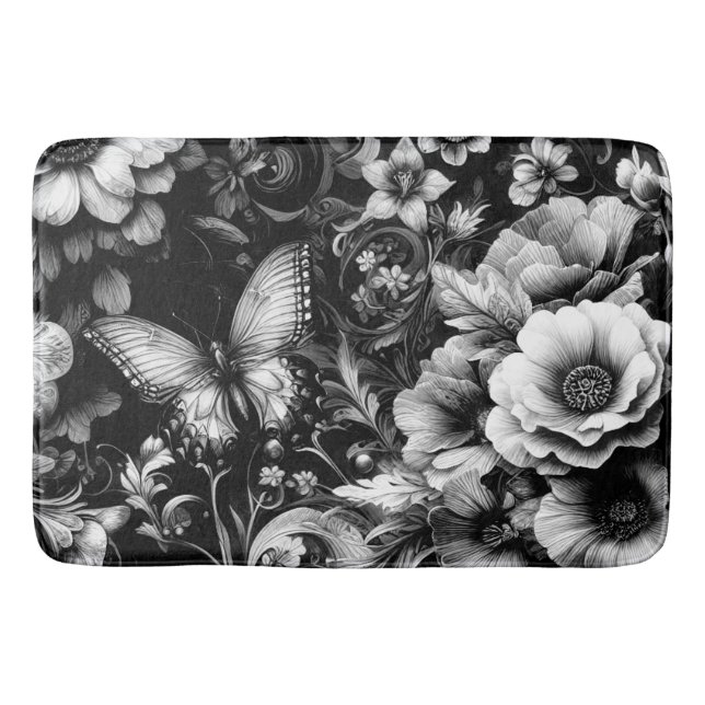 Tapete De Banheiro Floral Antiquado Monocromático com Borboletas (Frente)