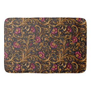 Tapete De Banheiro Floral Barroco Escuro com Rolos Dourados