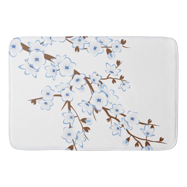 Tapete De Banheiro Floral Cherry Blossomas Azul Branco (Frente)