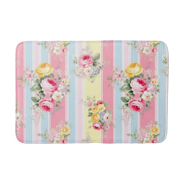 Tapete De Banheiro Floral Listrado Rosa (Frente)