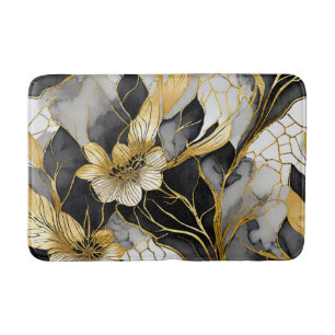 Tapete De Banheiro Floral Preto Dourado Japonês
