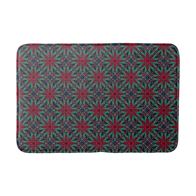 Tapete De Banheiro Floral Vermelho Com Verde e Azul (Frente)
