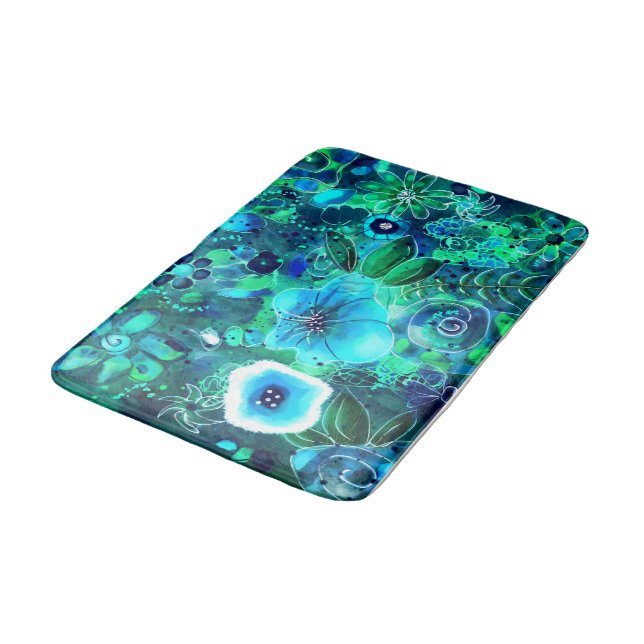 Tapete De Banheiro Flores abstrato Florais Azuis Azuis-Teais Verdes (Angulado)