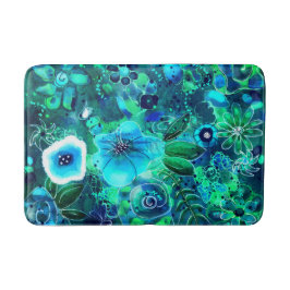 Tapete De Banheiro Flores abstrato Florais Azuis Azuis-Teais Verdes