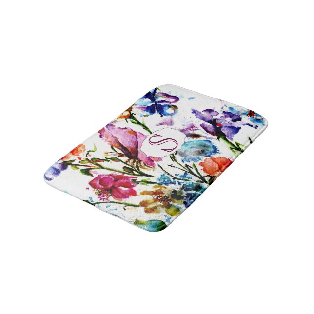 Tapete De Banheiro Flores de Aquarelas Whimsical com Monograma (Angulado)