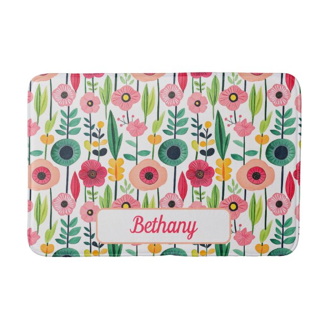 Tapete De Banheiro Flores de Mola de Aquarela com Nome Elegante (Frente)