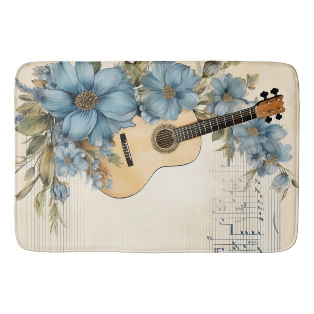 Tapete De Banheiro Flores de Notas de Música de Violão Azul (Frente)