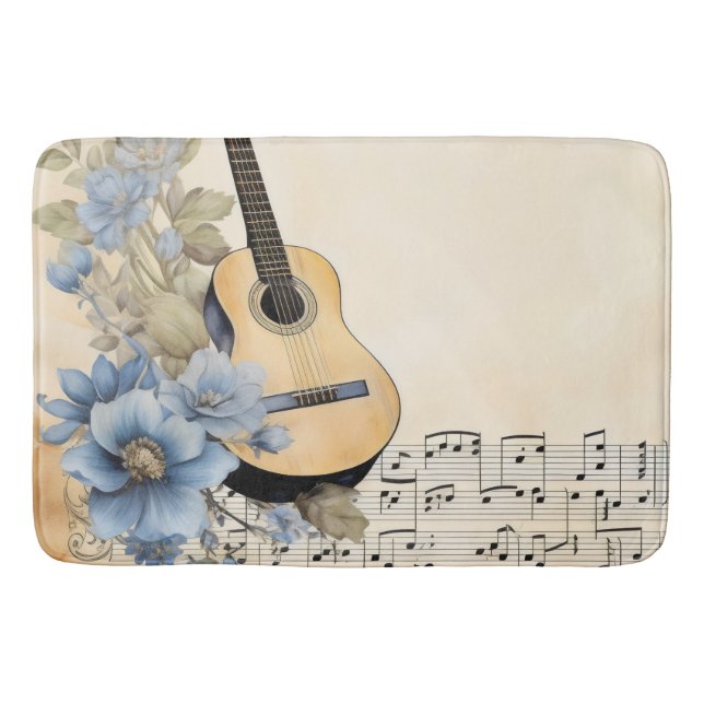 Tapete De Banheiro Flores de Notas de Música de Violão Azul (Frente)