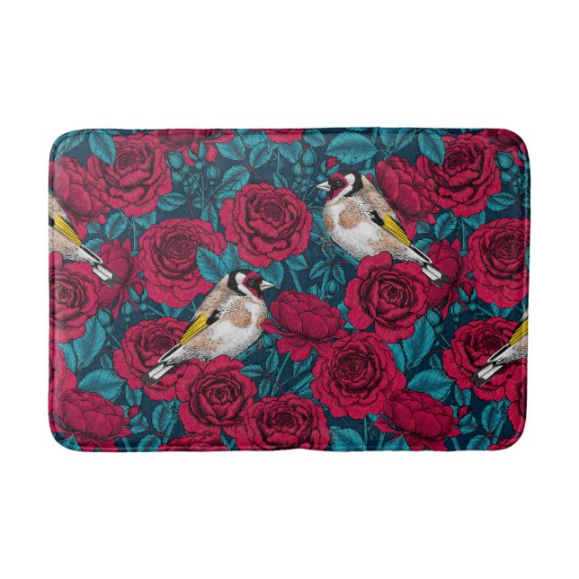 Tapete De Banheiro Flores de rosa vermelha e aves-pintadas (Frente)