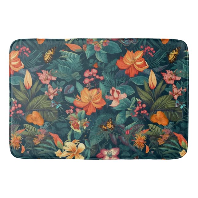 Tapete De Banheiro Flores e Folhas Tropicais com Borboletas (Frente)
