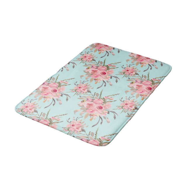 Tapete De Banheiro Flores Rosa Esmagadas no Azul Claro (Angulado)