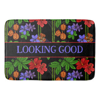 Tapete De Banheiro Flores Tropicais e Frutas da Selva Jamaicana Preto