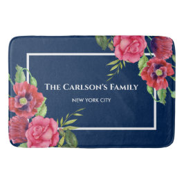 Tapete De Banheiro Flores Vermelhas e Cor-de-Água Marinho Escuro Azul