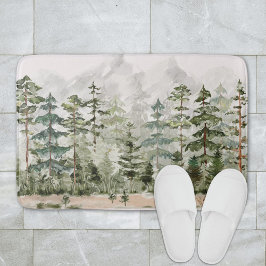 Tapete De Banheiro Floresta de Pinheiros Verde em Aquarela na Montanh