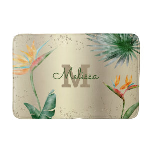 Tapete De Banheiro Folhagem Floral Tropical Monograma Script Dourado