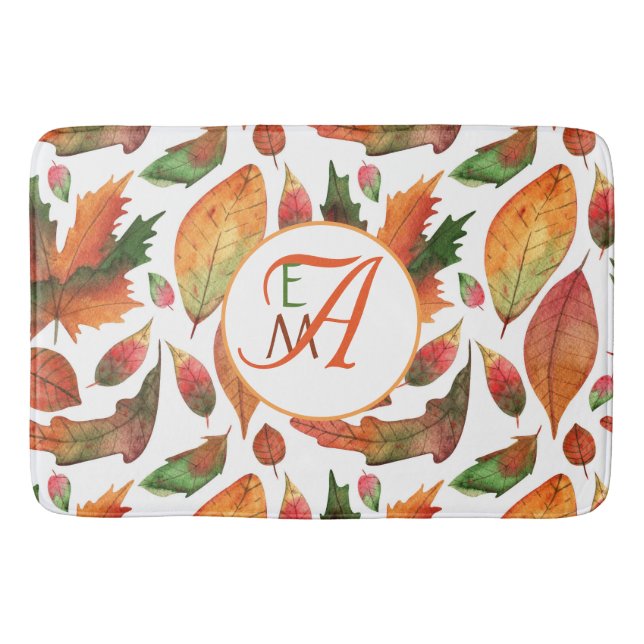 Tapete De Banheiro Folhas de Outono Monogramadas Caem Decoração Verde (Frente)