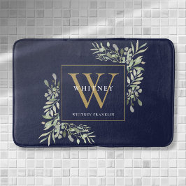 Tapete De Banheiro Folhas De Verdura Monograma Azul Marinho E Dourado