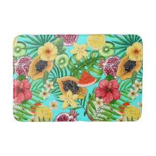 Tapete De Banheiro Frutas tropicais, flores e folhas em azul