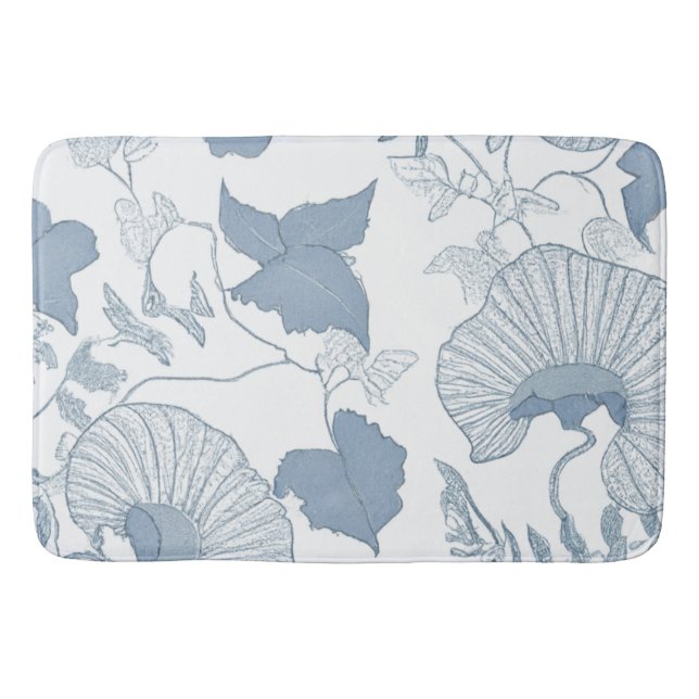 Tapete De Banheiro Fundo Branco Delicar Flores Azuis Japonesas (Frente)