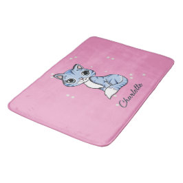 Tapete De Banheiro Gato azul bonito com nome personalizado rosa