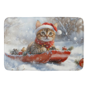 Tapete De Banheiro Gato Bengal em Trenó Deixe Nevar Natal