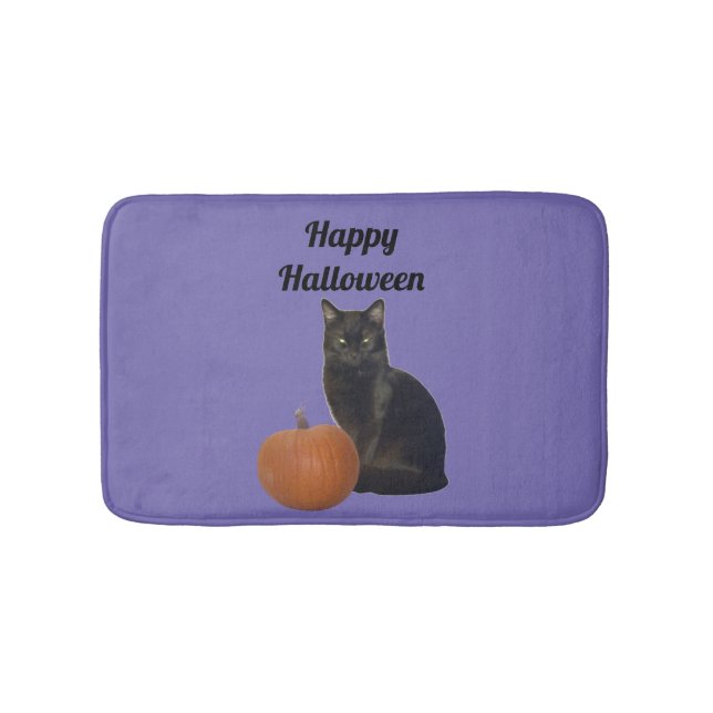 Tapete De Banheiro Gato Negro e Abóbora Feliz Halloween Roxo (frente)