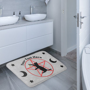 Tapete De Banheiro Gato Preto Pentagrama Vermelho Estrelas Luas Cinza