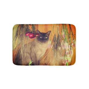 Tapete De Banheiro Gato Siamês Possuindo Flores