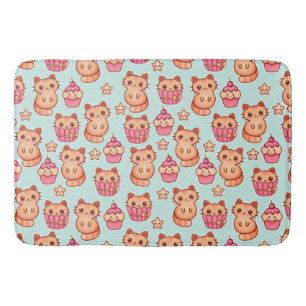 Tapete De Banheiro Gatos Cute de Kawaii Cupcakes Rosa e Padrão Azul