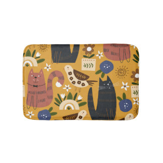 Tapete De Banheiro Gatos e Pássaros Vintage, Desenhados à Mão.