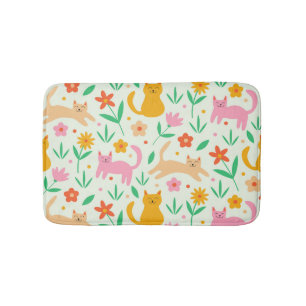 Tapete De Banheiro Gatos Felizes Retro com Flores Laranja Vermelho e