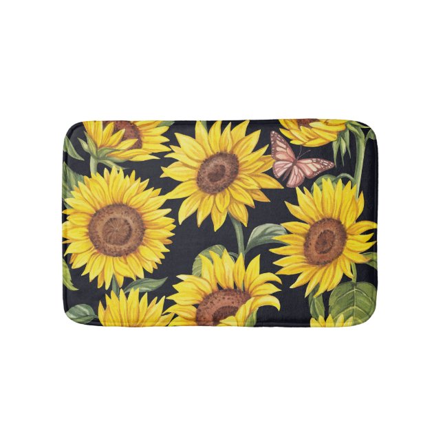 Tapete De Banheiro Girassóis, borboletas, mosaico preto (frente)