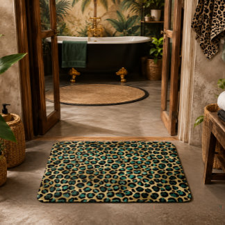 Tapete De Banheiro Glamour em Estampa de Leopardo Dourado e Azul Turq