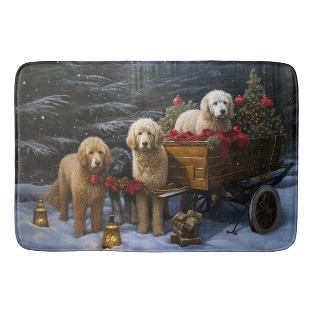 Tapete De Banheiro Goldendoodle Snowy Sleigh Decência de Natal (Frente)