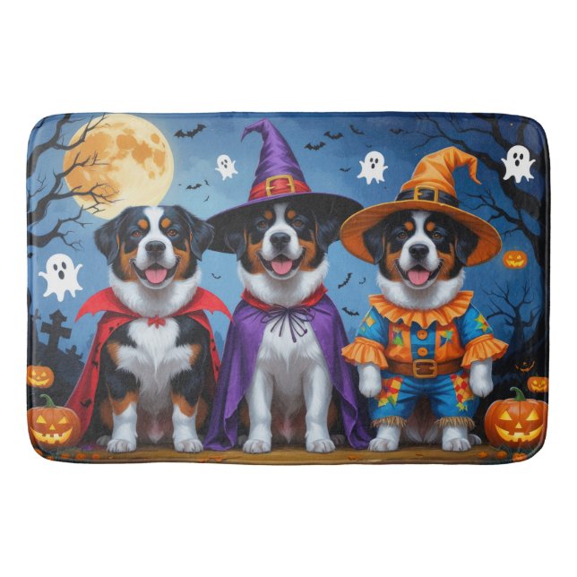 Tapete De Banheiro Grande Cachorro Suíço Pumpkin Halloween Engraçado (Frente)