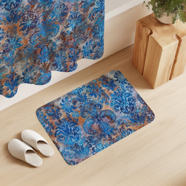 Tapete De Banheiro Grunge Damask Azul Cobalto Ferrugem Laranja (Criador carregado)