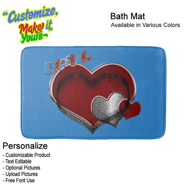Tapete De Banheiro Heart Magic Blue Large Bath Mat (Heart Magic Love Bath Mat Featuring a Blue Background.)