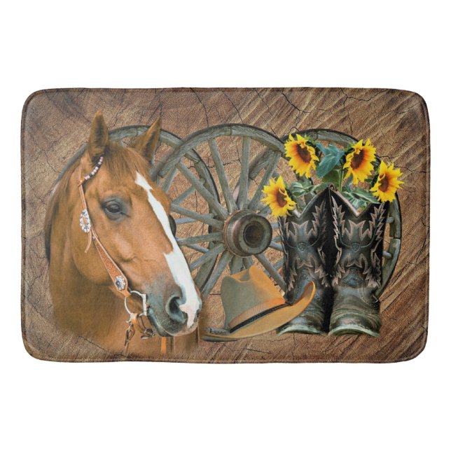 Tapete De Banheiro Horse Cowboy Boots Vagão Girassol Roda Sunflower W (Frente)