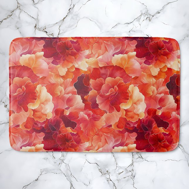 Tapete De Banheiro Ignição Floral abstrato (Floral Ignition bath mat.  Coral, red, orange abstract floral.)