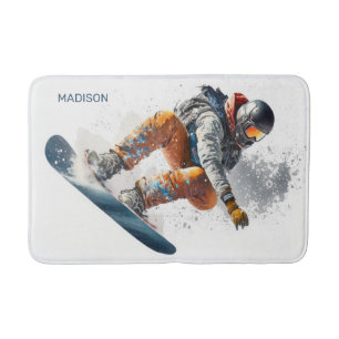Tapete De Banheiro Ilustração de Snowboarder de Nome Personalizado
