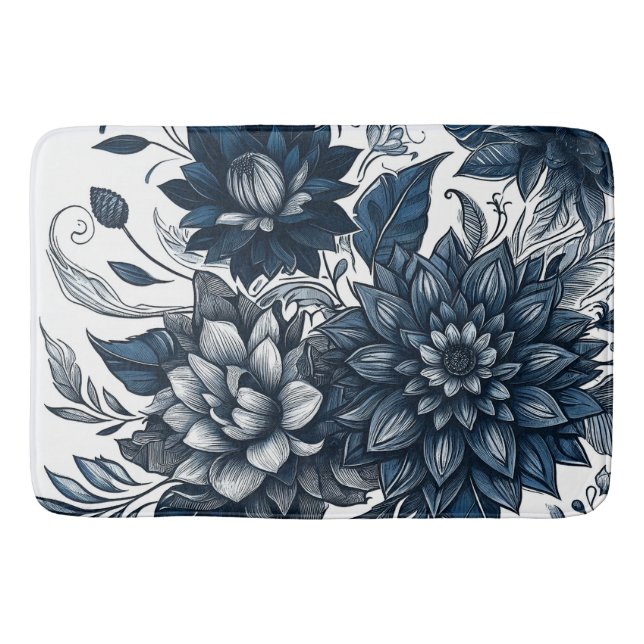 Tapete De Banheiro Impressão Floral Boêmia Azul e Branco (Frente)