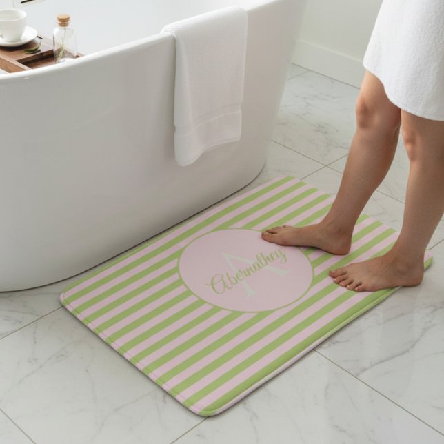 Tapete De Banheiro Initial Monogram & Name Pastel Pink Green Striped (Pastel pink and green striped background with template name & initial letter monogram bathmat.)