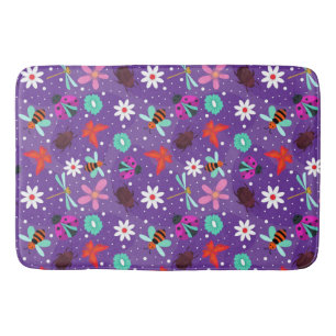 Tapete De Banheiro Insetos Coloridos e Flores em um Fundo Roxo