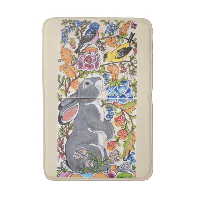 Tapete De Banheiro Jacobean Floral Coelho e Aves Bath Mat (Frente Vertical)