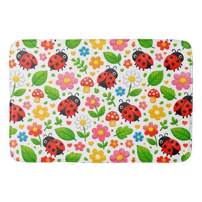 Tapete De Banheiro Joaninhas Fofas e Flores para Decoração Infantil (Frente)