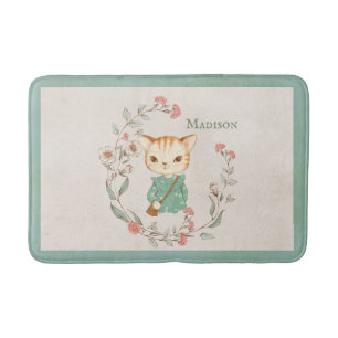 Tapete De Banheiro Kitty Cat Floral Personalizado Nome Girly Kitten